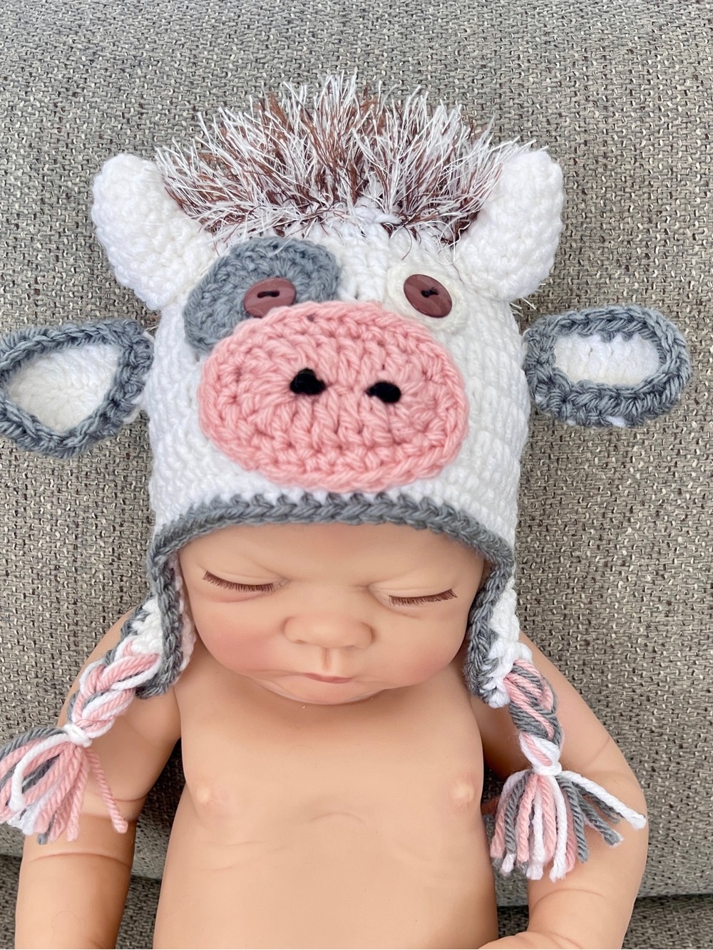 Handmade Crochet Cow Earflap Hat – White/Pink – Newborn Size - Picture 3 of 4